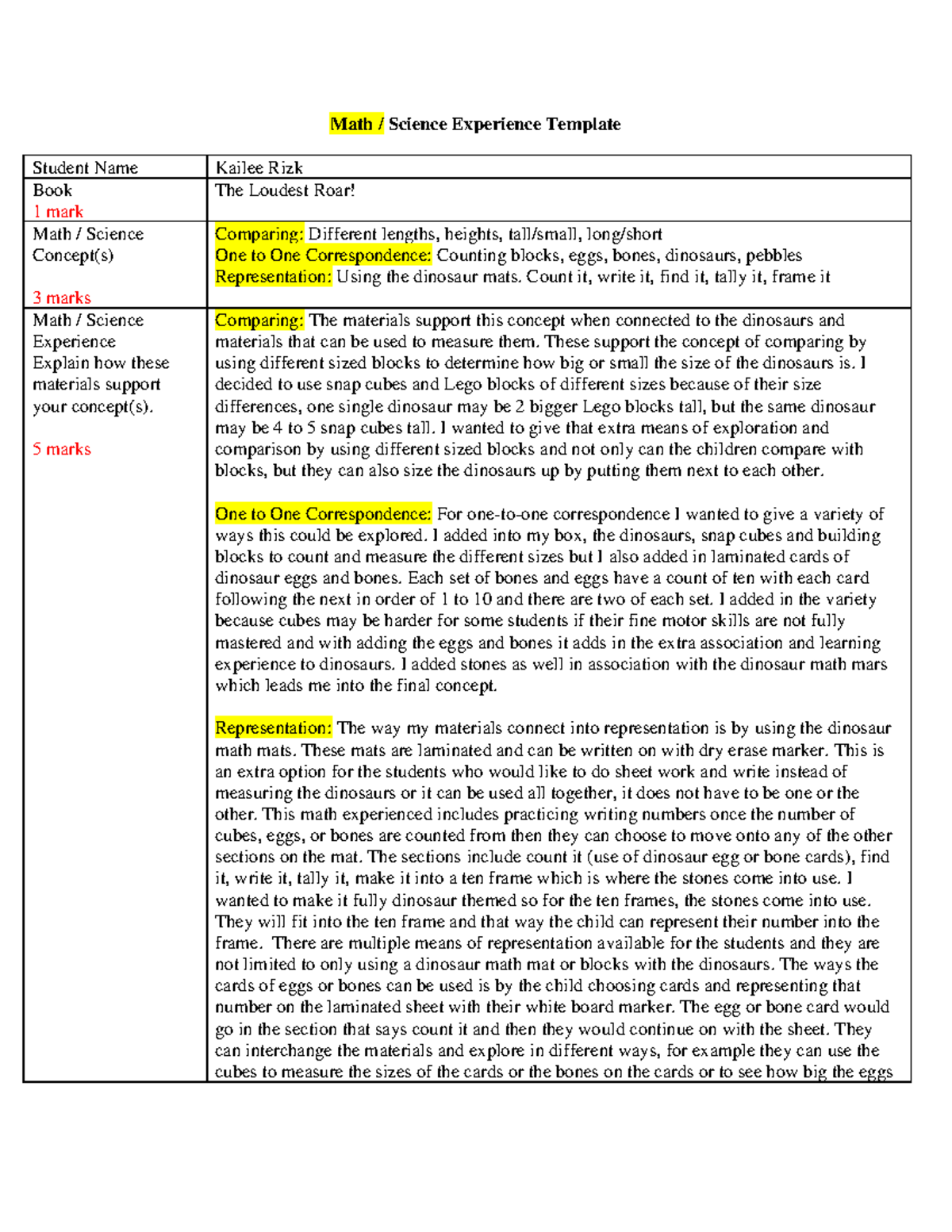 Math Experience Template - Math / Science Experience Template Student ...