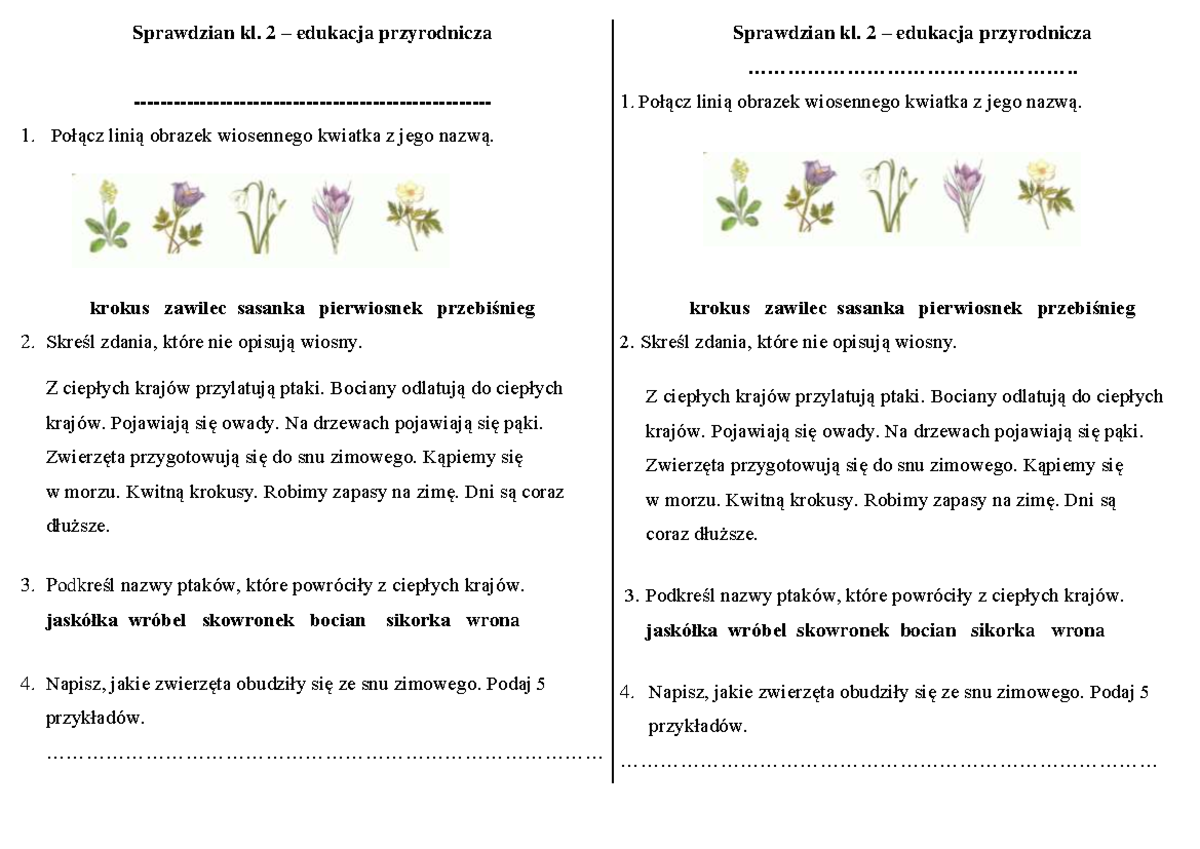 Sprawdzian Edukacja Przyrodnicza Kl 1 Wiosna - Sprawdzian kl. 2 – edukacja przyrodnicza Połącz linią obrazek