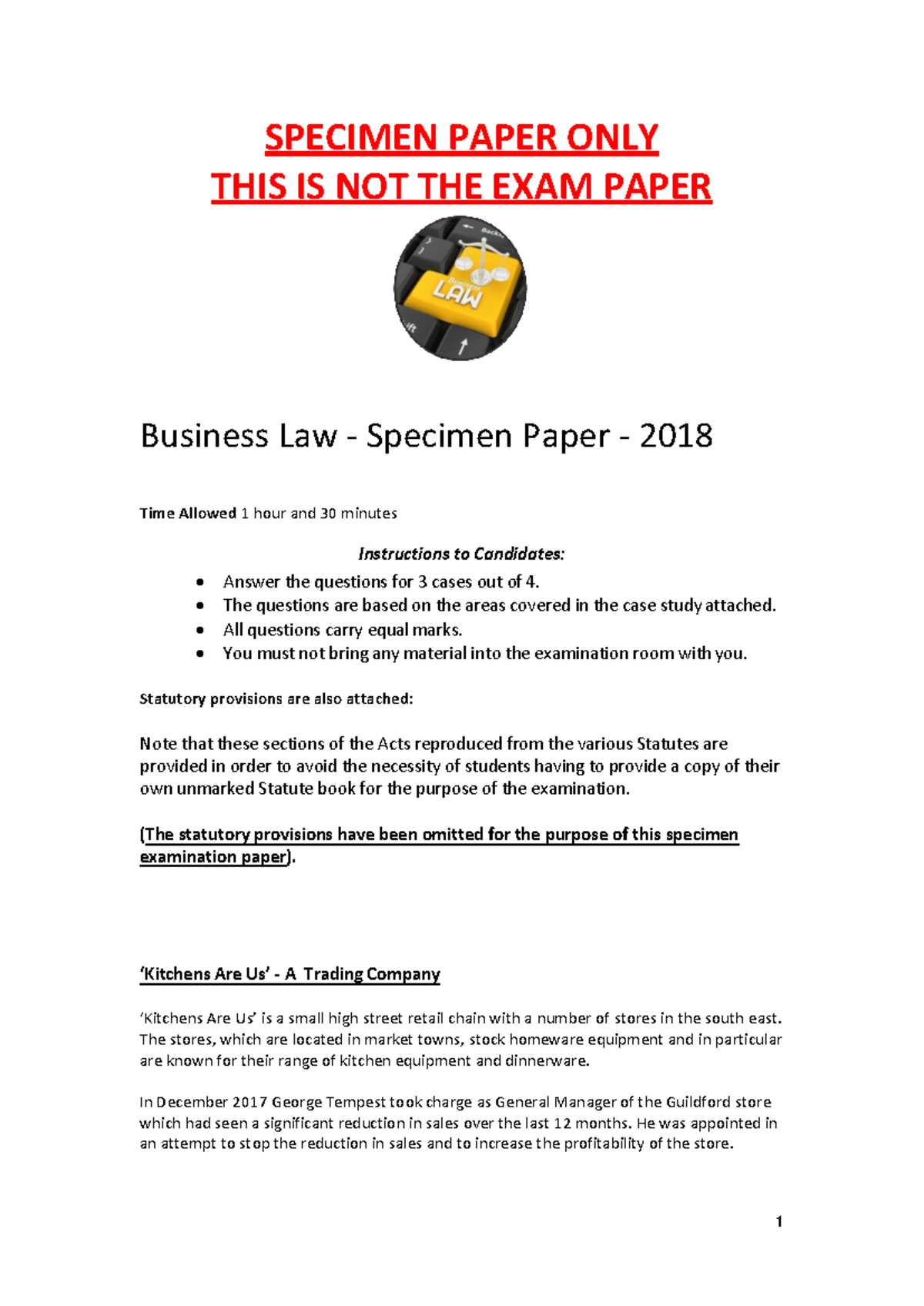 Specimen Exam 2018 SPECIMEN PAPER ONLY THIS IS NOT THE EXAM PAPER