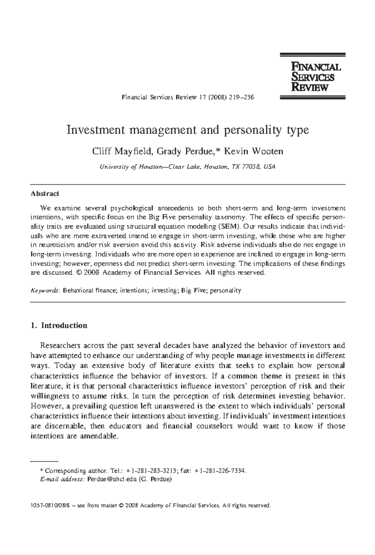 Behavioral Finance paper - Investment management and personality type ...