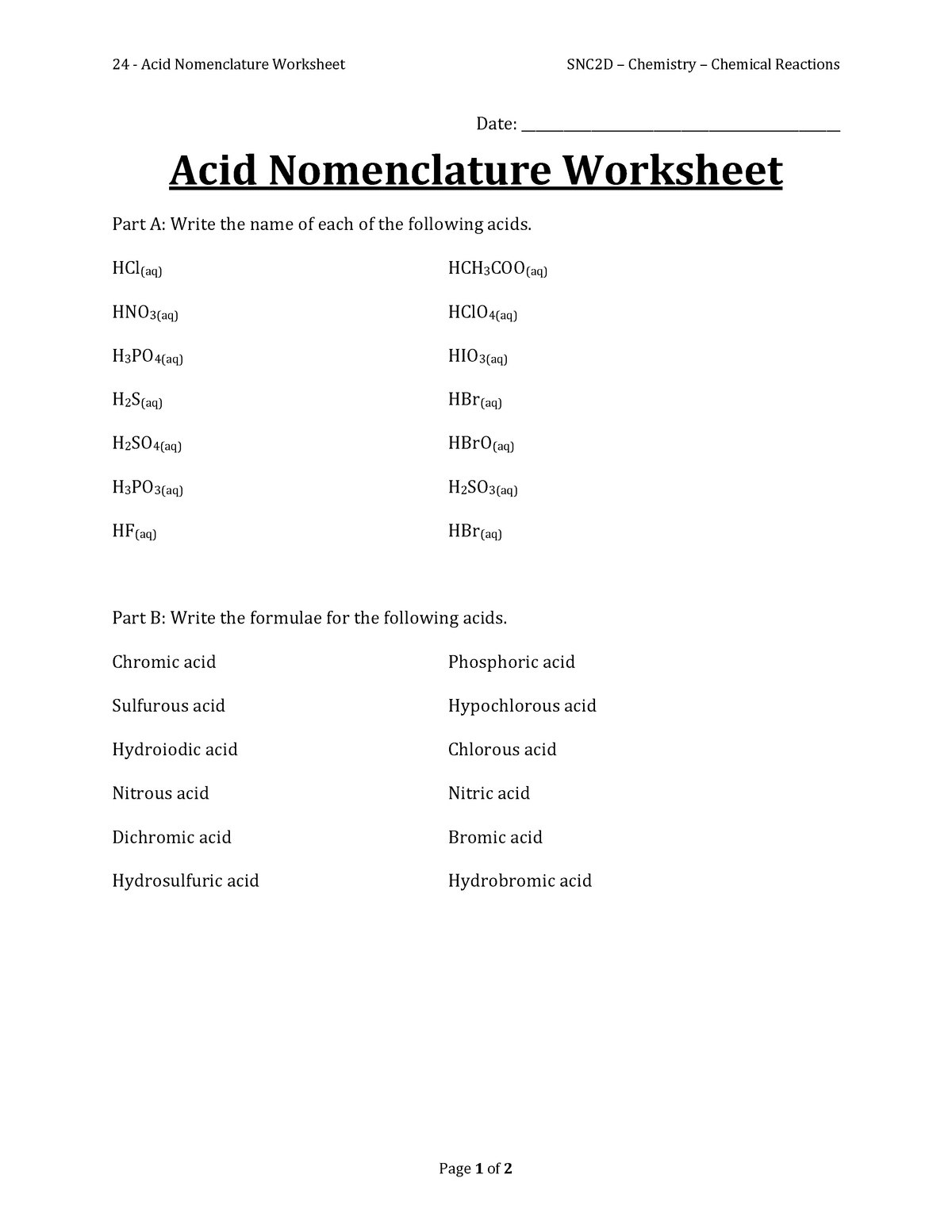 24 Acid Nomenclature Worksheet Studocu