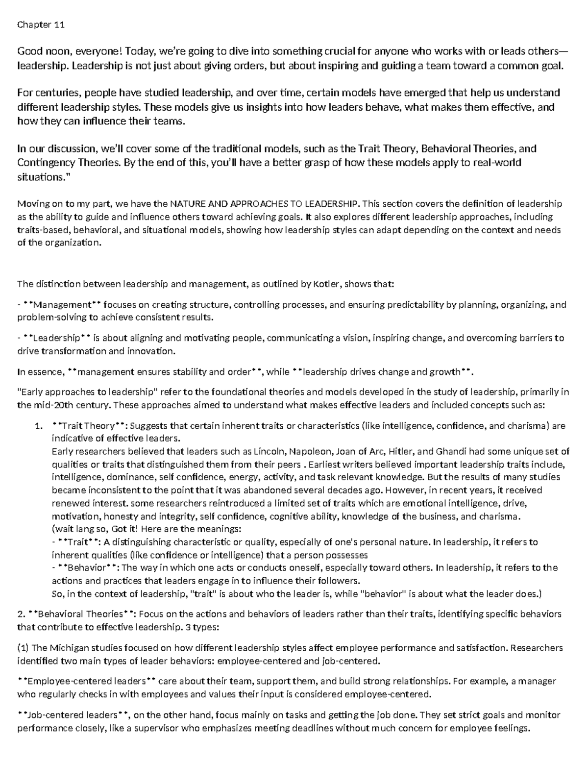 BAHR - Chapter 11 Leadership Issues and Theories notes - Chapter 11 ...