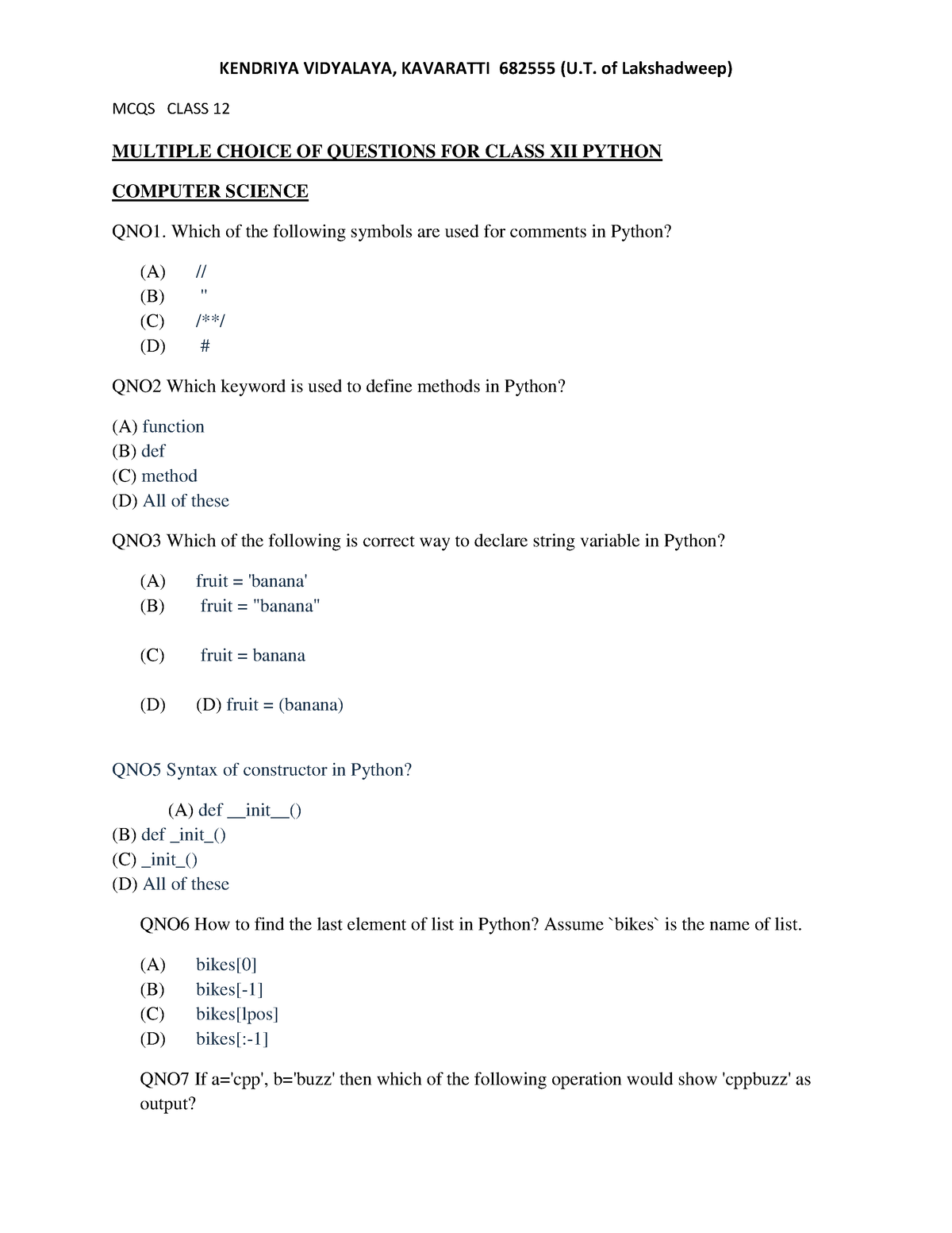 Computer Science Mcq Xii - KENDRIYA VIDYALAYA, KAVARATTI 682555 (U. Of ...