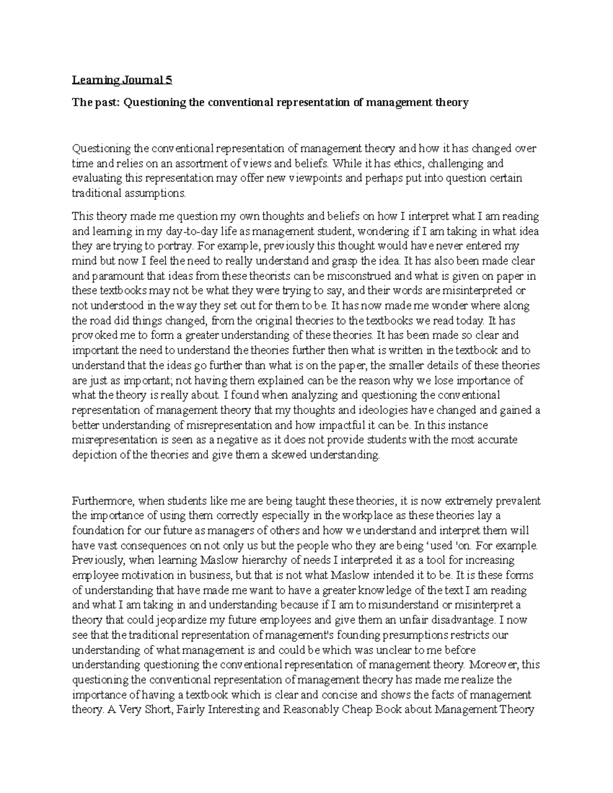 Learning Journal 5 - Organisational Behaviour - Victoria University ...