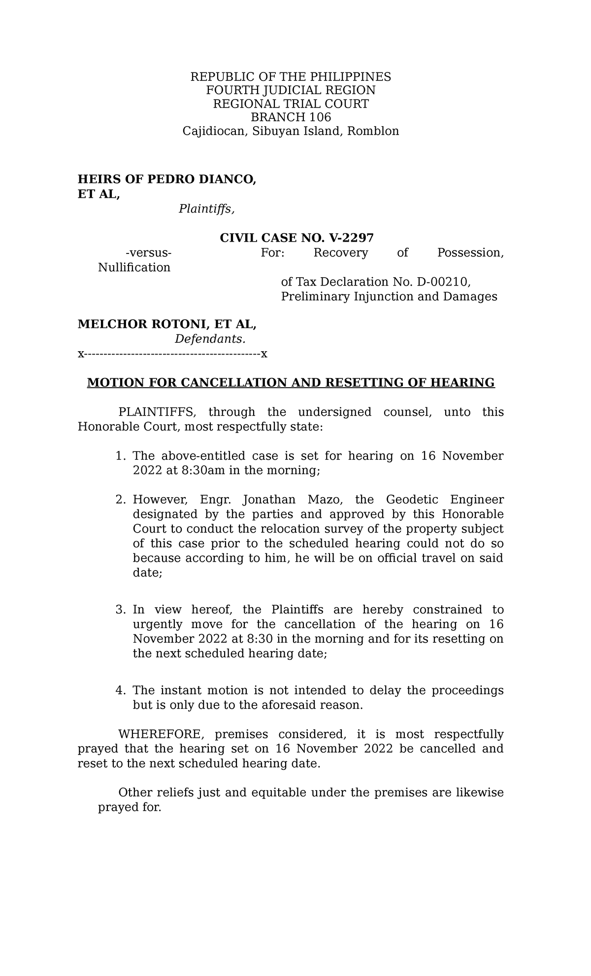 Motion For Cancellation Of Hearing Republic Of The Philippines Fourth