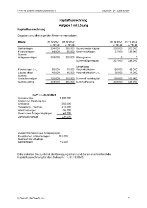 Ex Rewe 3 3 Finanz 4 1 Kapitalflussrechnung Mit Losung Fh Ffm Externes Rechnungswesen Dozentin Dr Judith Ehsen Kapitalflussrechnung Aufgabe Mit Sung Studocu