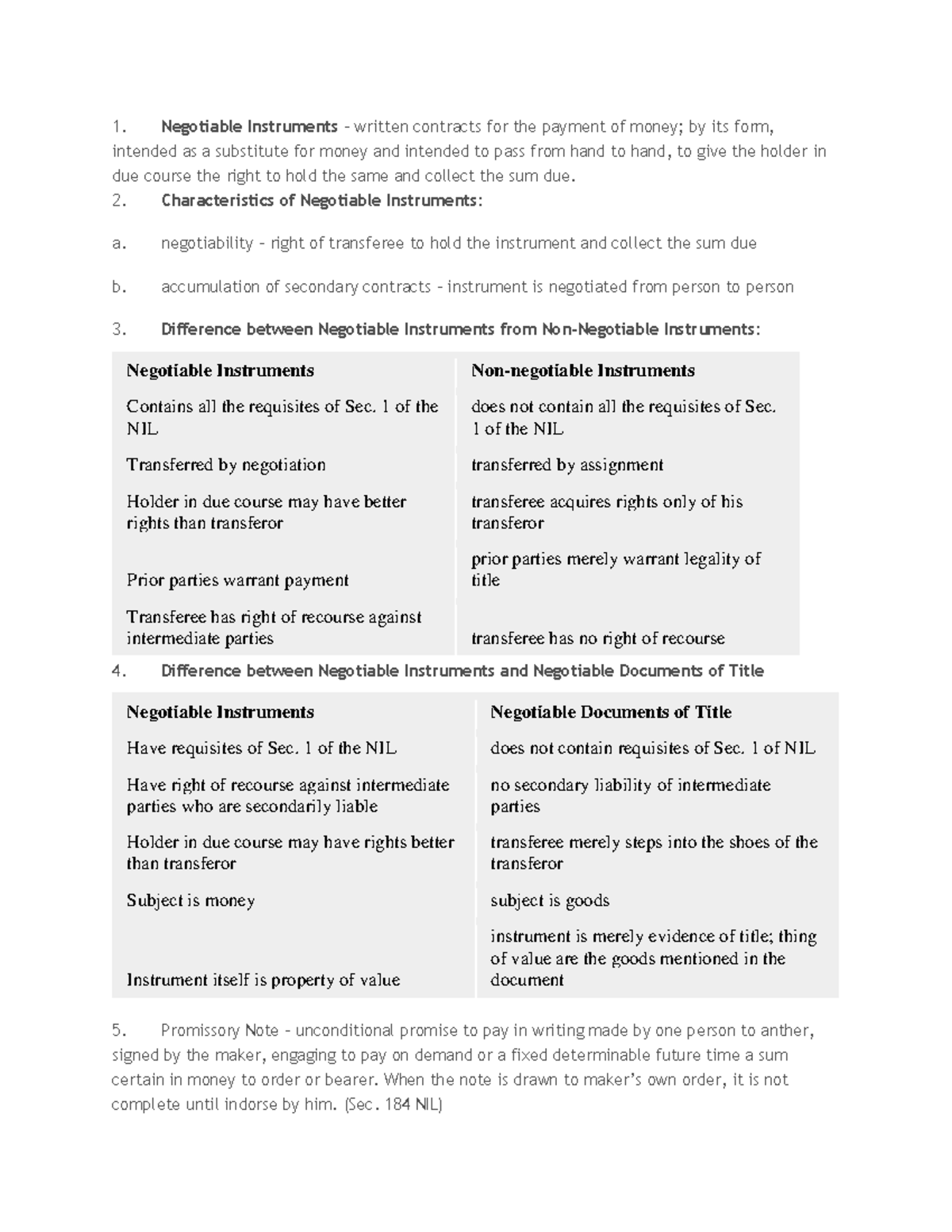 Nego instruments - 1. Negotiable Instruments – written contracts for ...