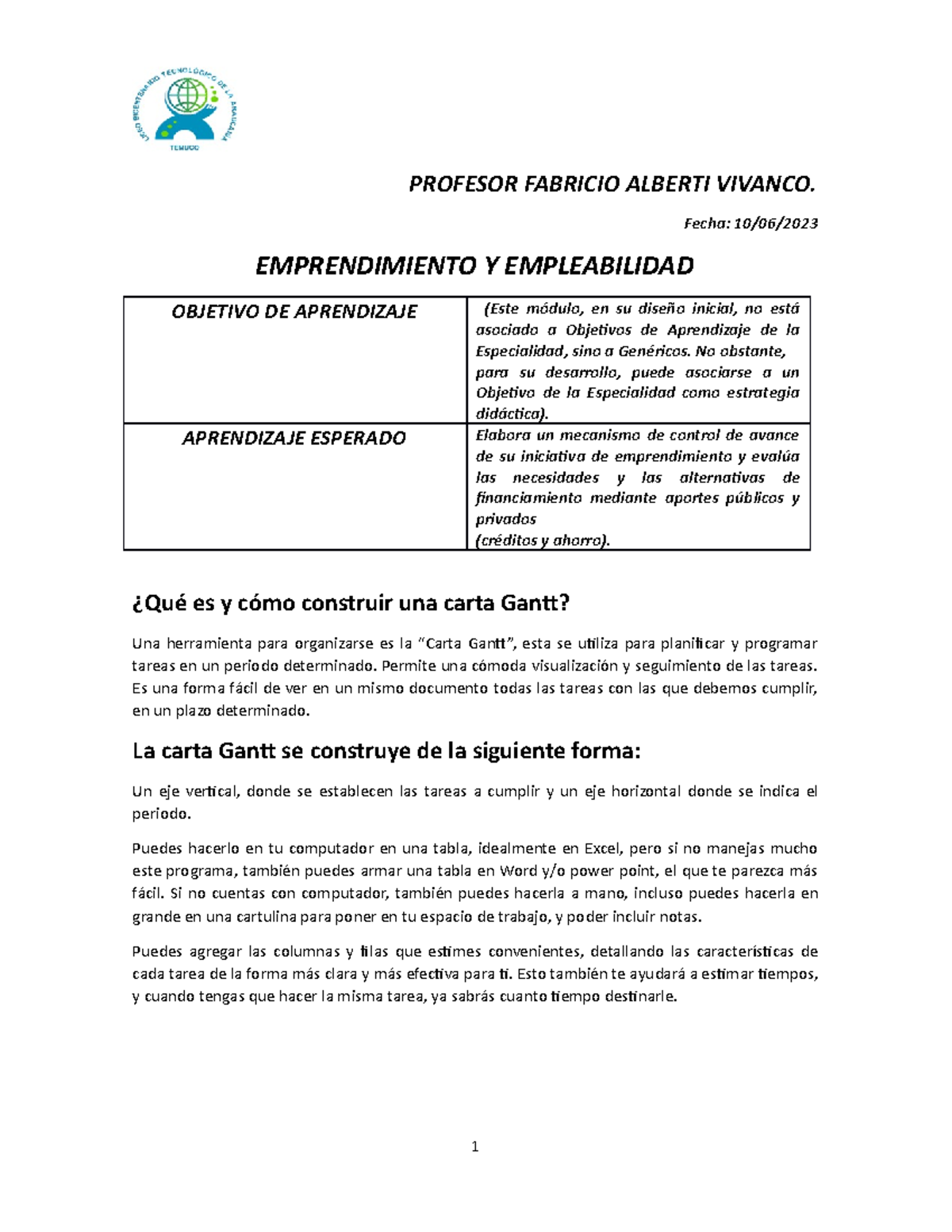 Guia Qu Es Y C Mo Construir Una Carta Gantt Profesor Fabricio Alberti Vivanco Fecha