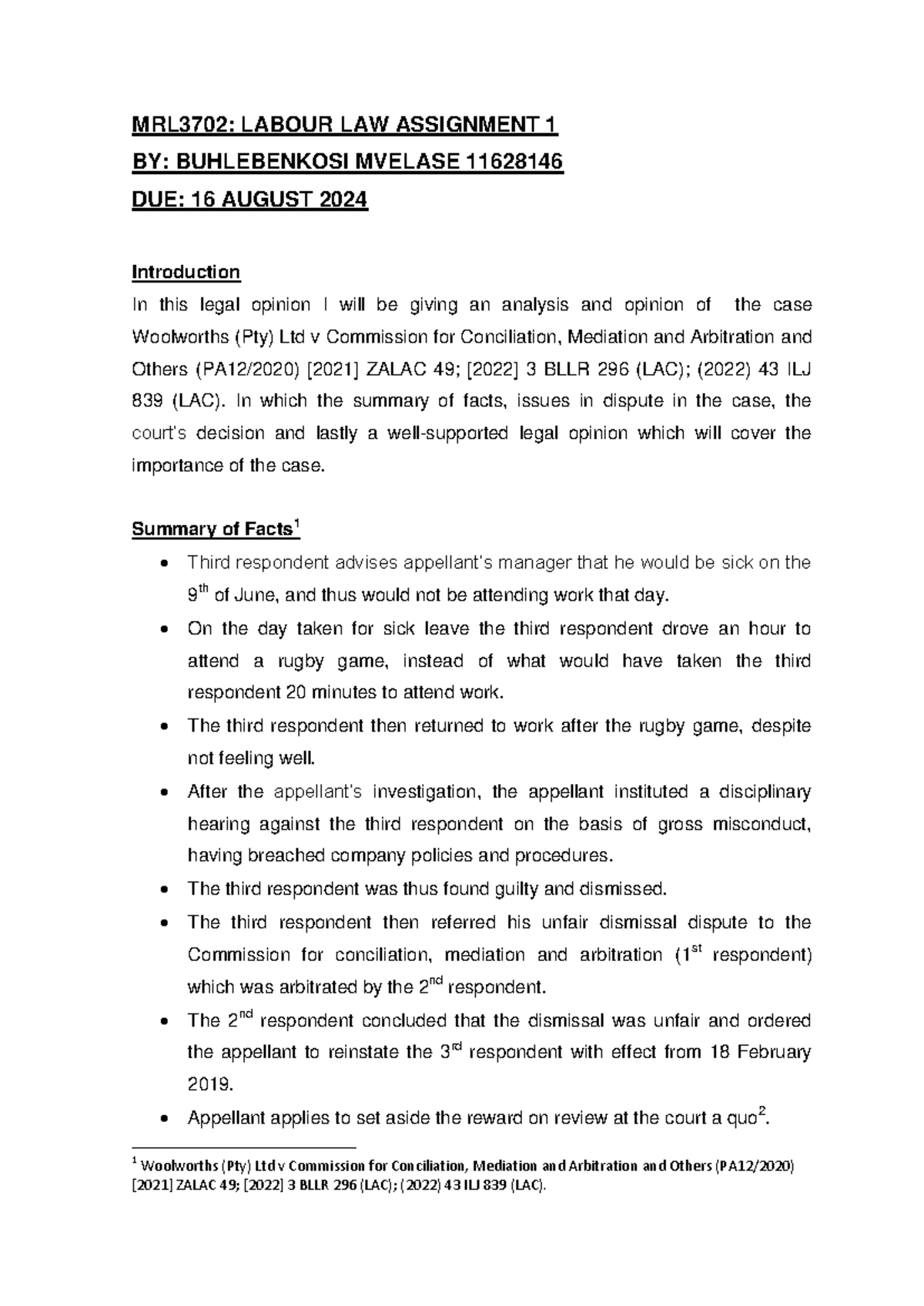 MRL3702 Assignment 1 - MRL3702: LABOUR LAW ASSIGNMENT 1 BY ...