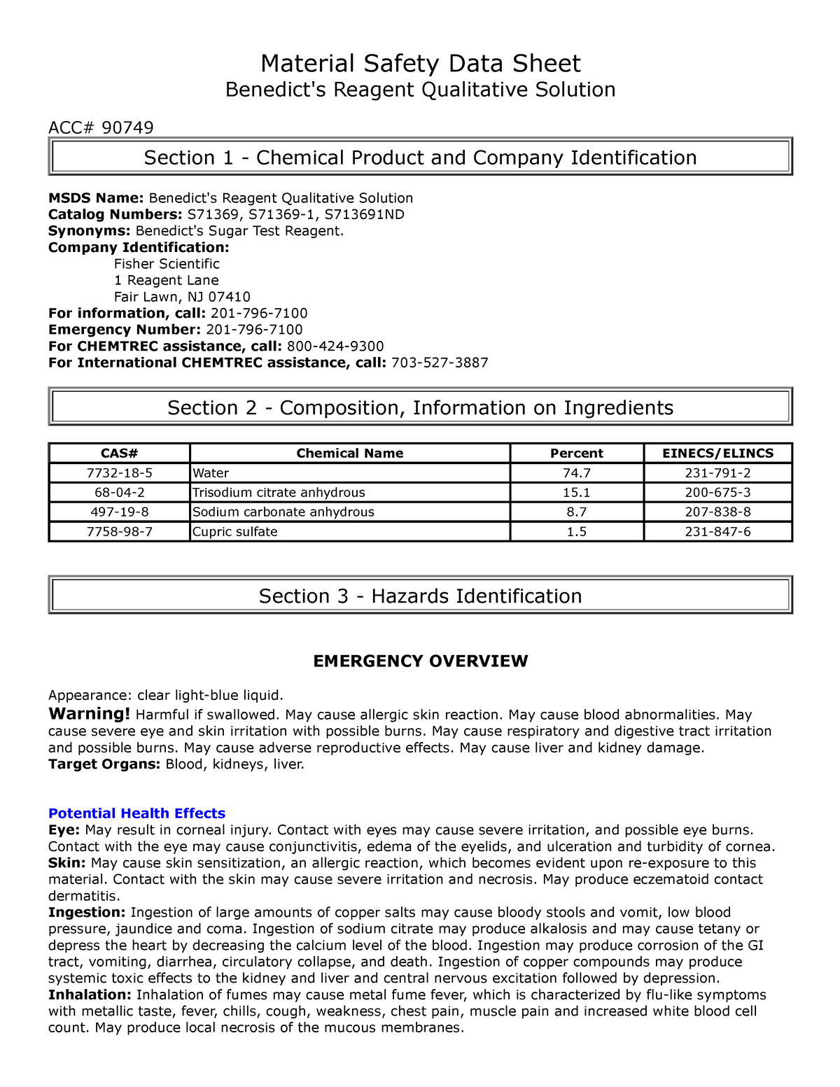 Fscimage.fishersci - Material Safety Data Sheet Benedict's Reagent