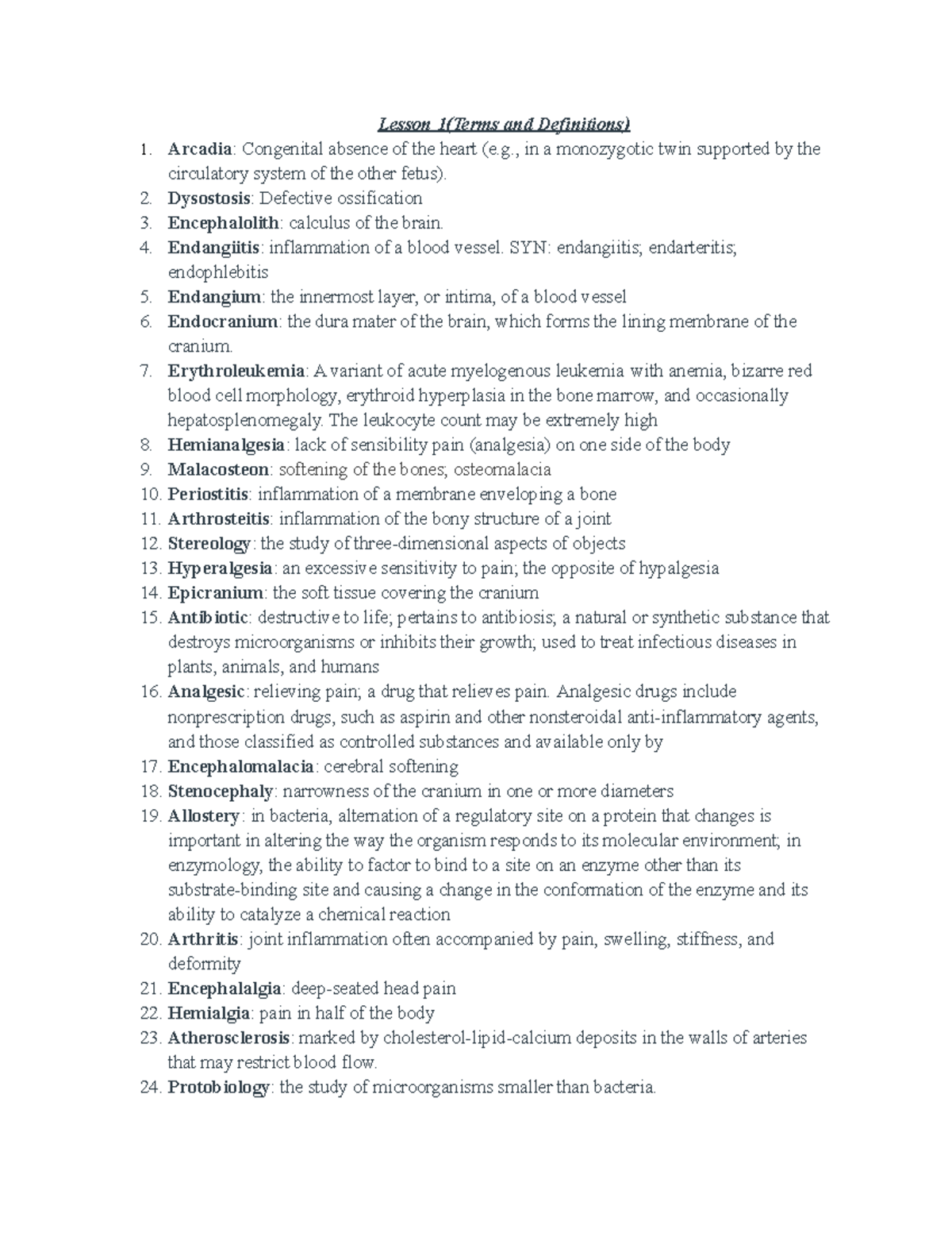 Definitions of Word Analysis Term (Medical Terminology). Lesson 1