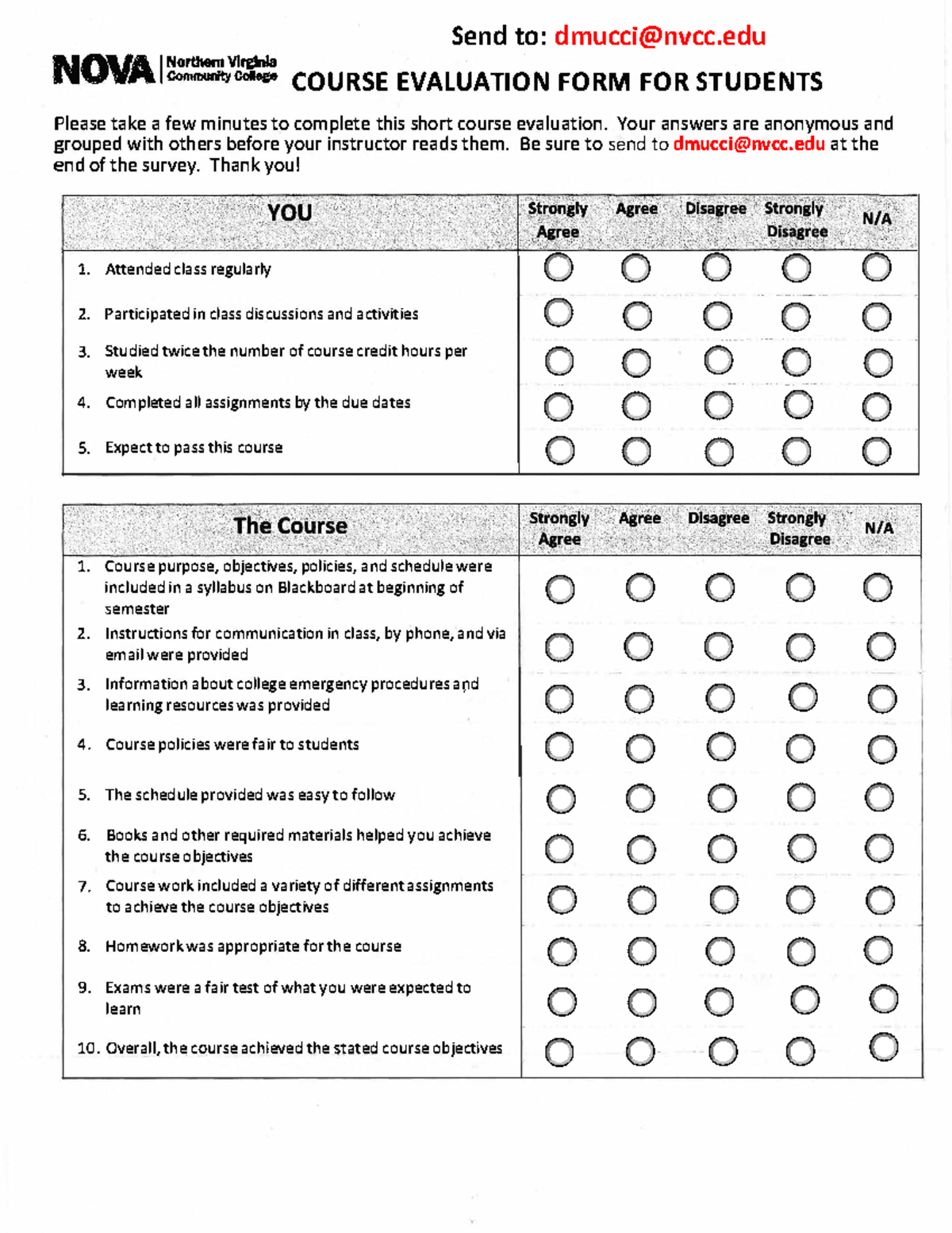 NVCC Course Evaluation No .IA I Northern Virginia