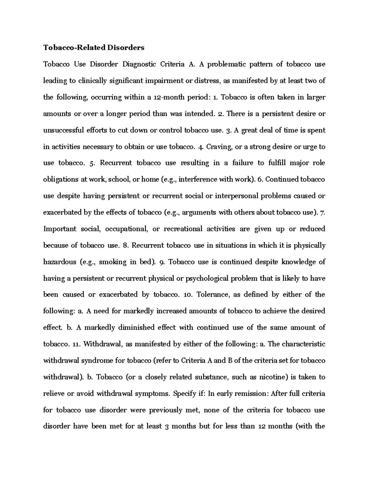 TobaccoRelated Disorders TobaccoRelated Disorders Tobacco Use Disorder Diagnostic Criteria A