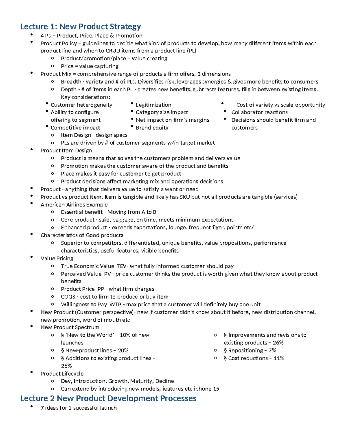 Exam 1 Cheat Sheet - Lecture 1: New Product Strategy 4 Ps = Product ...