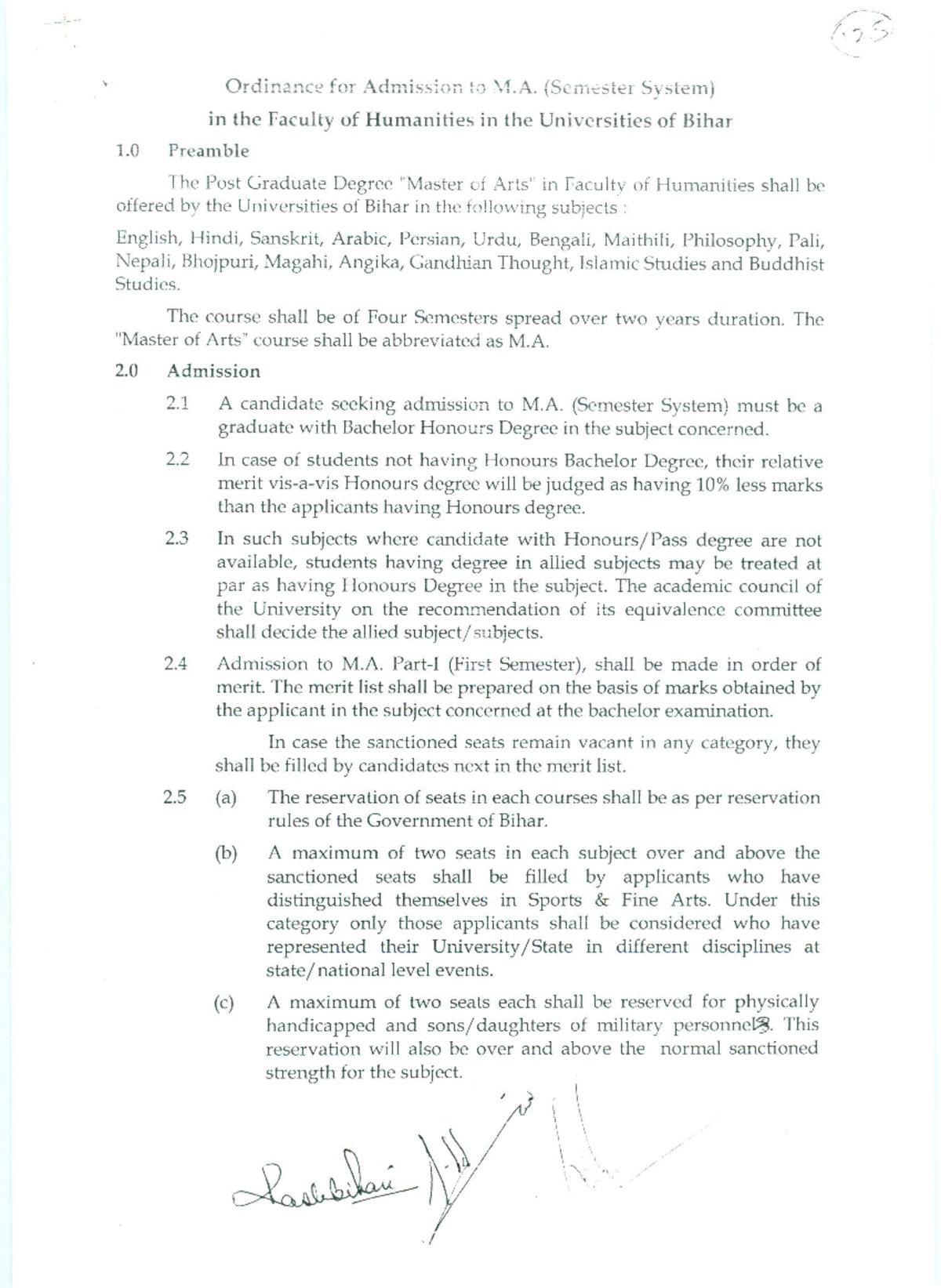 Ordinance For Admission To Ma Semester System 125 Industrial