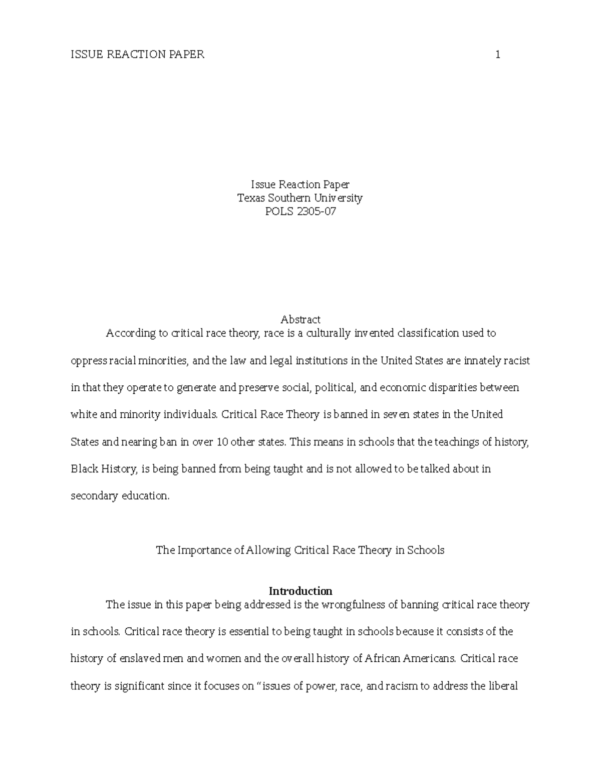 Issue reaction paper - ISSUE REACTION PAPER 1 Issue Reaction Paper ...