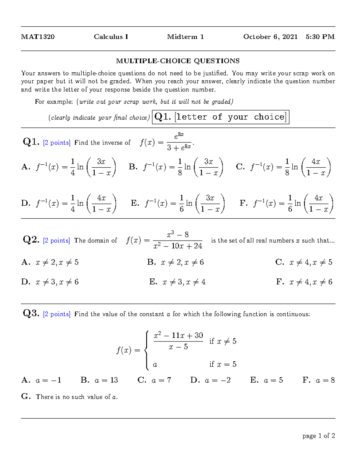 Mat1320 Test1-fall2021-530-ver1 - MAT1320 Calculus I Midterm 1 October ...