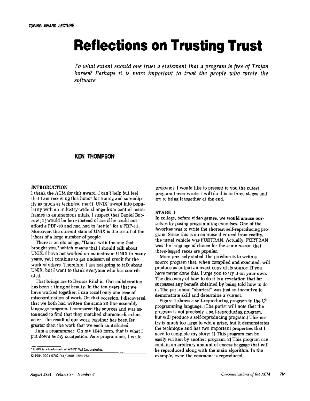 Reflection TURING AWARD LECTURE Reflections on Trusting Trust To what