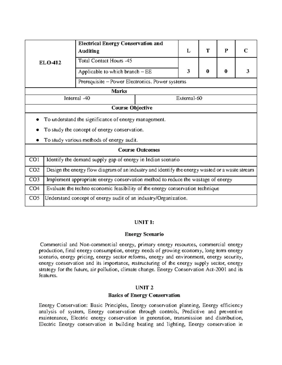 Syllabus ELO 412 Electrical Energy Conservation and Auditing L T P C Total Contact Hours 45
