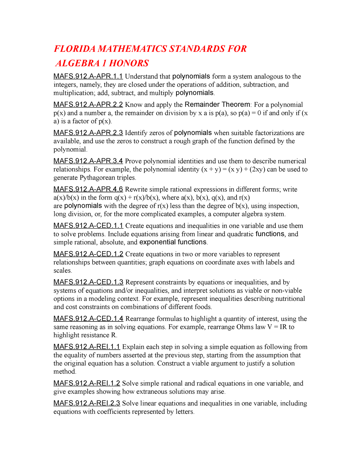 florida-mathematics-standards-for-algebra-1-honors-florida