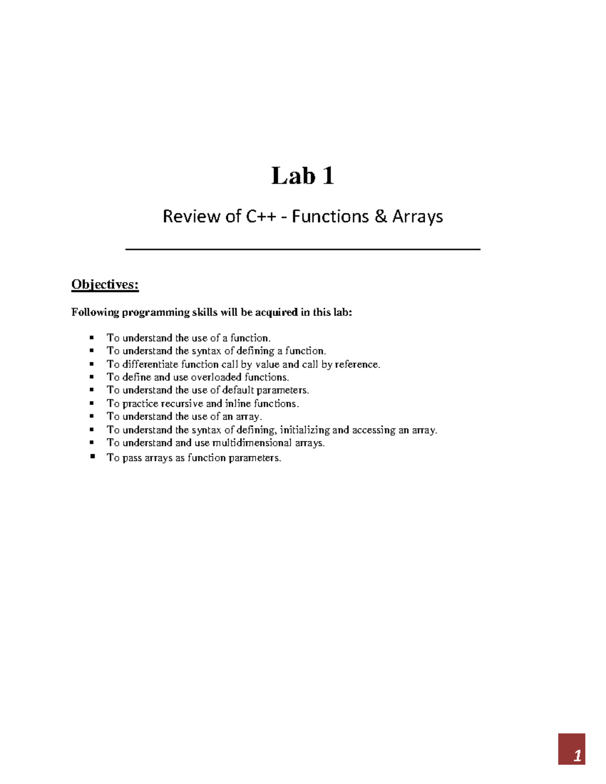 Lab 1 10062020 033153 pm - Lab 1 Review of C++ - Functions & Arrays ...
