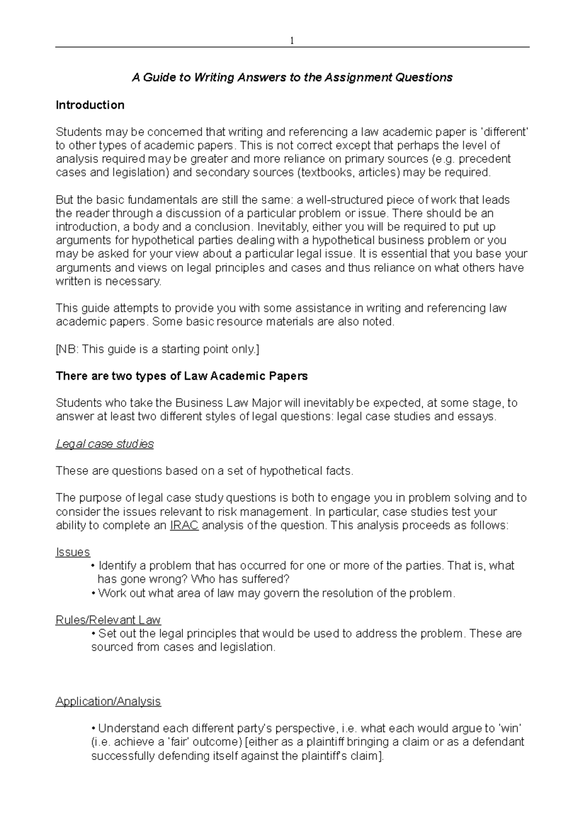 IRAC - Lecture notes 1 - A Guide to Writing Answers to the Assignment ...