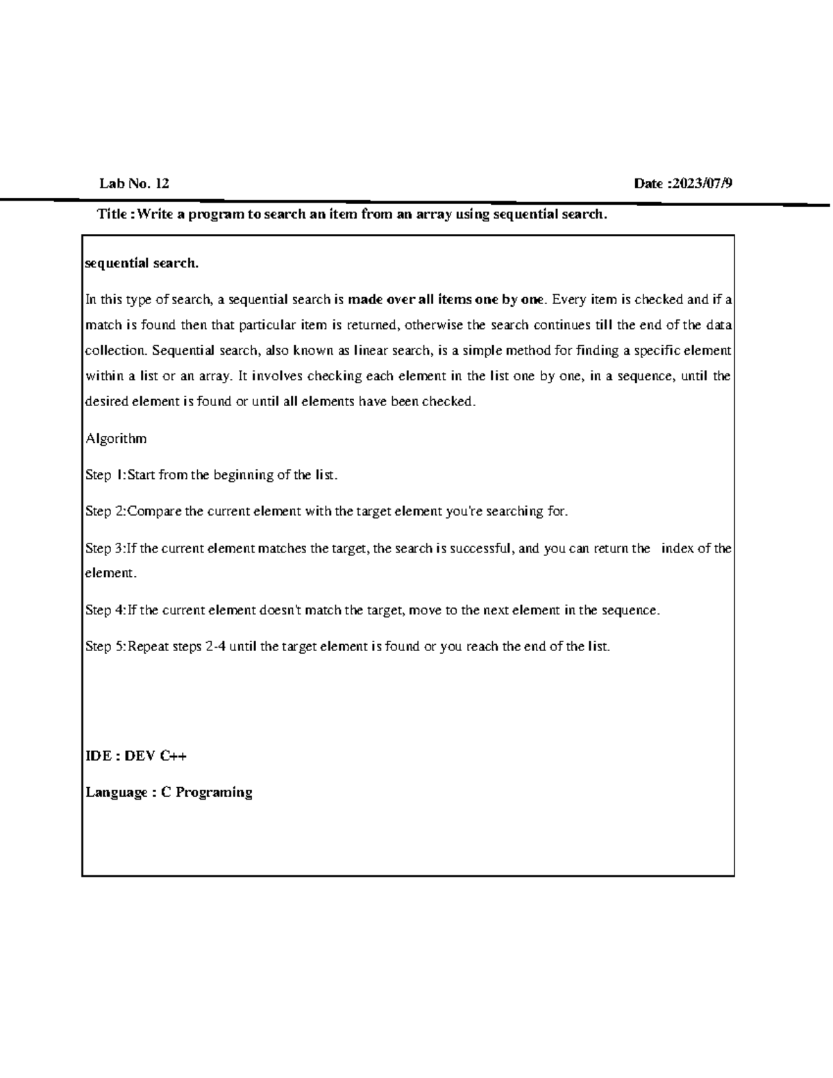 DSA lab report 11 and 12 Lab No. 12 Date 2023/07/ Title Write a