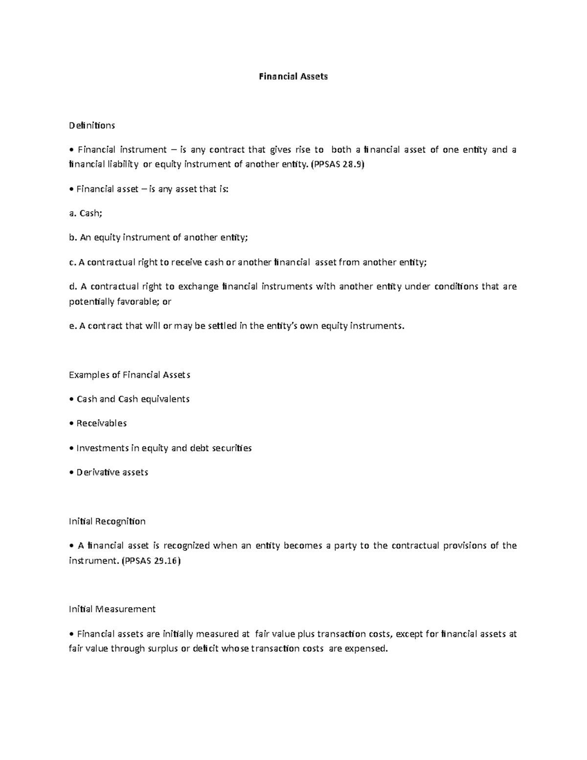 Chapter 6 Financial Assets - Financial Assets Definitions Financial ...