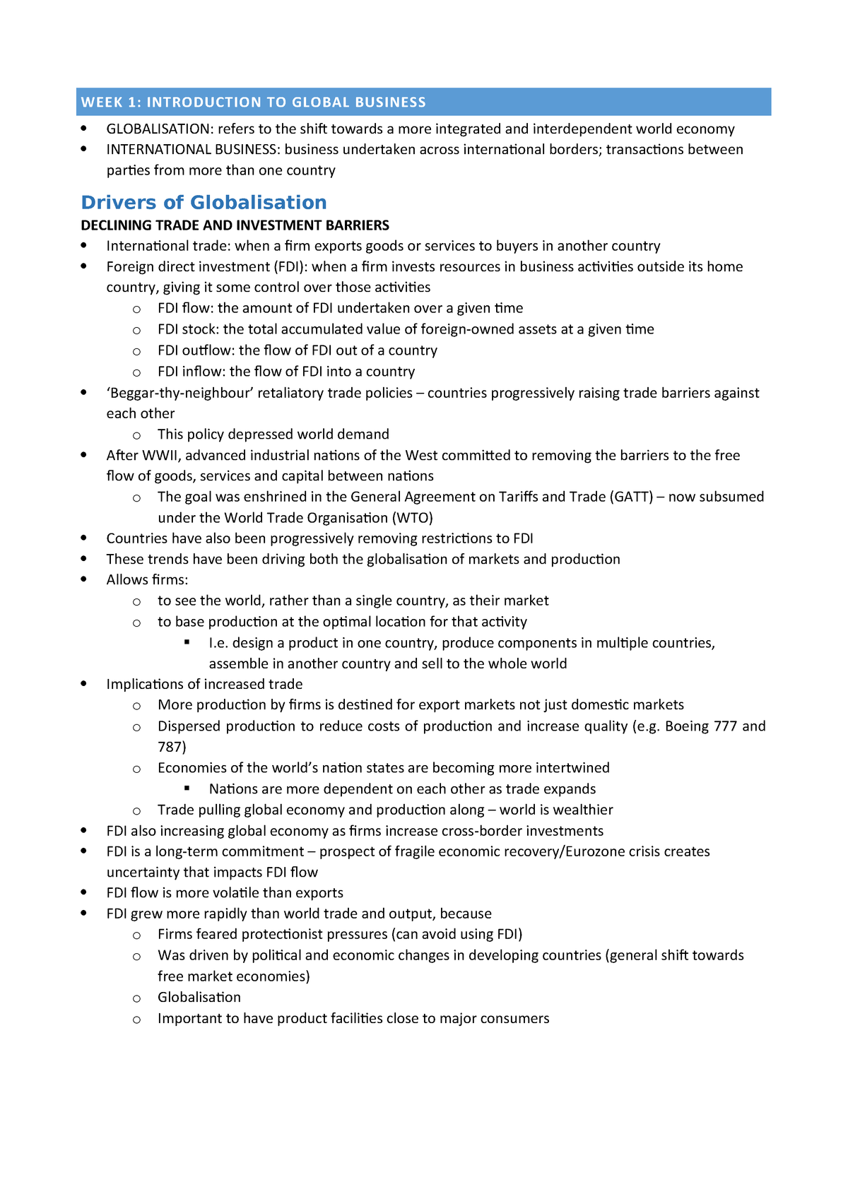 Lecture note, lectures complete Global Business QUT