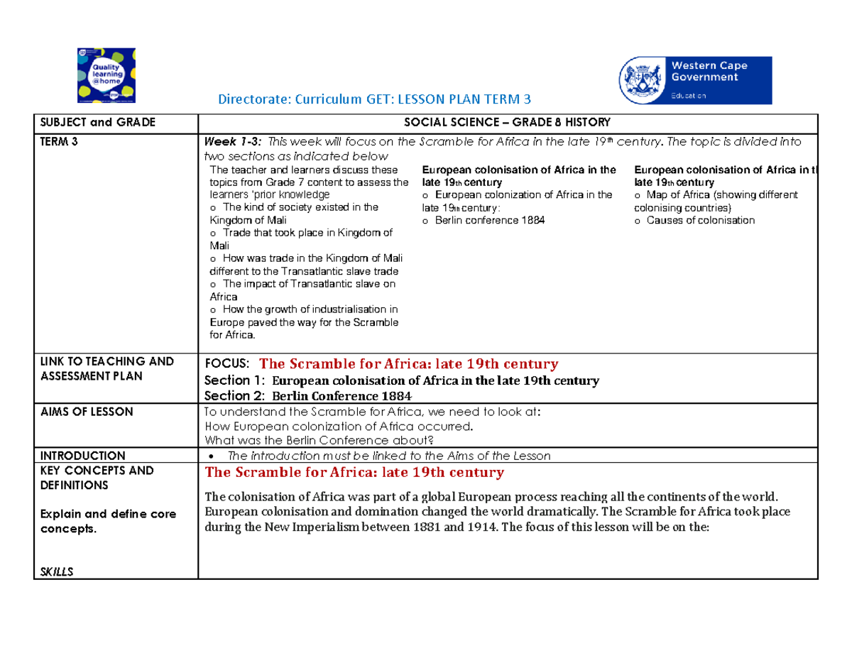 lesson plan class 8 history chapter 3