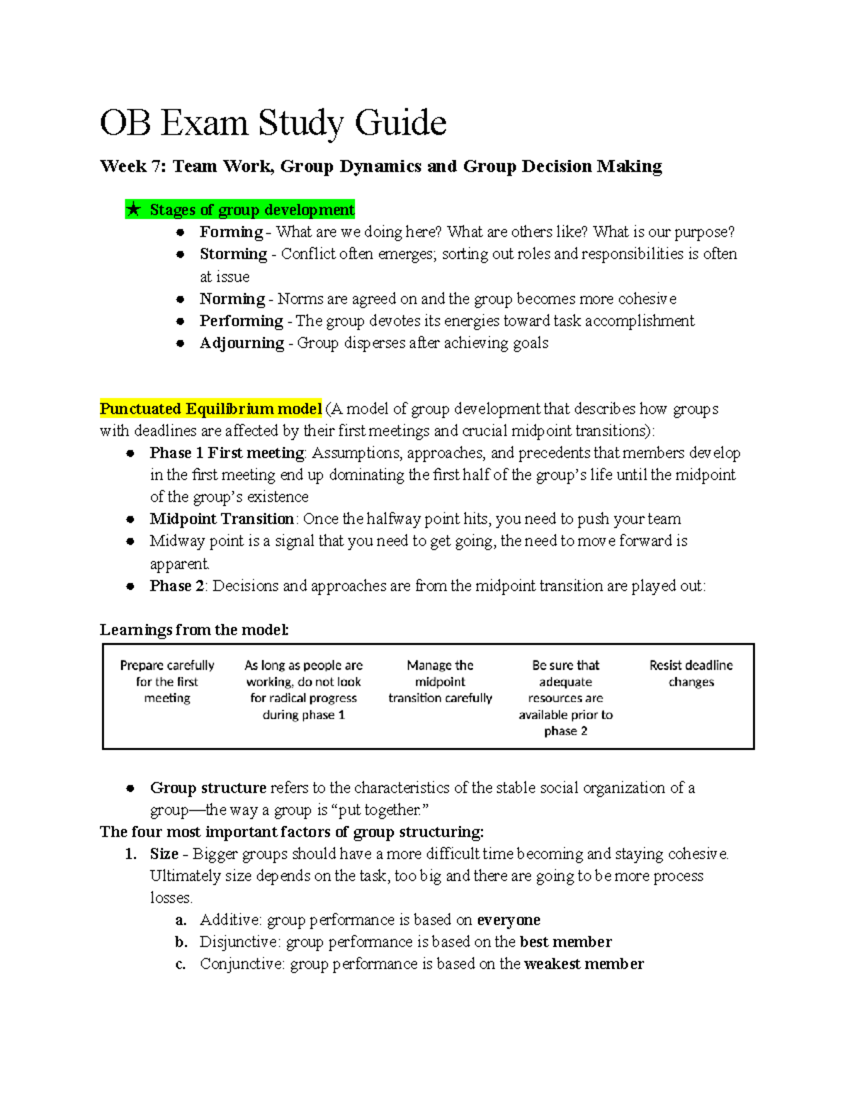 OB Exam Study Guide - OB Exam Study Guide Week 7: Team Work, Group ...