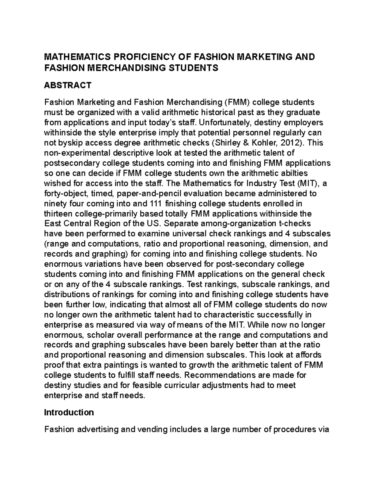Mathematics Proficiency OF Fashion Marketing AND Fashion Merchandising ...
