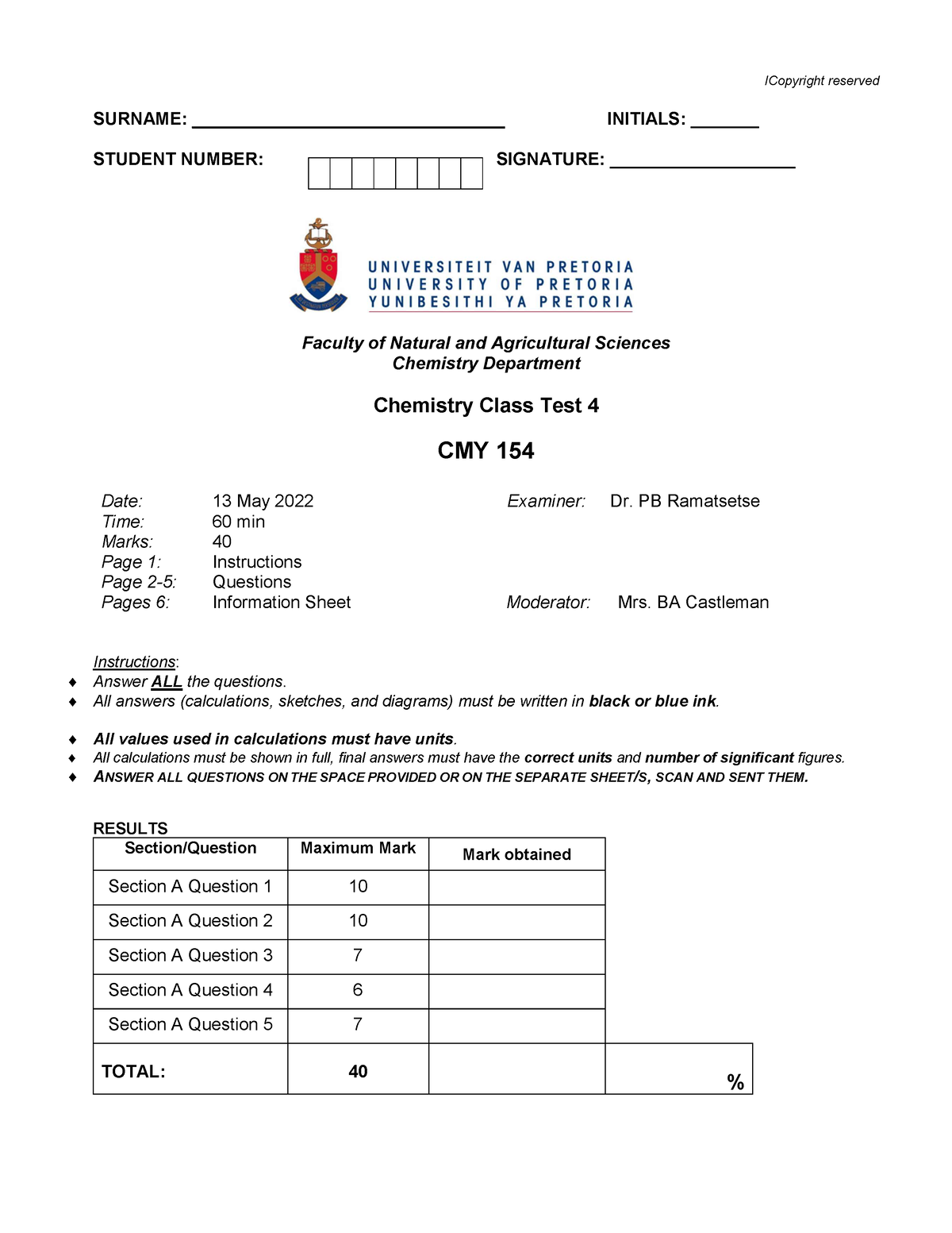 Class Test 4 Memo - Lcopyright Reserved Surname 