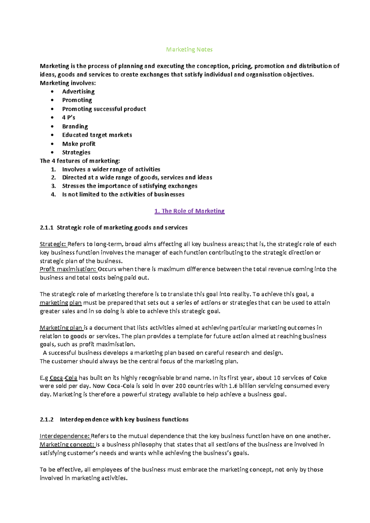 Marketing notes - Marketing Notes Marketing is the process of planning ...