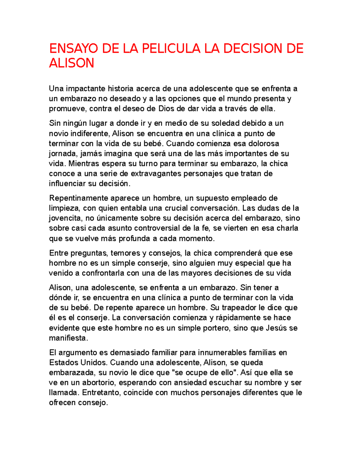 Ensayo DE LA Pelicula LA Decision DE Alison - ENSAYO DE LA PELICULA LA ...