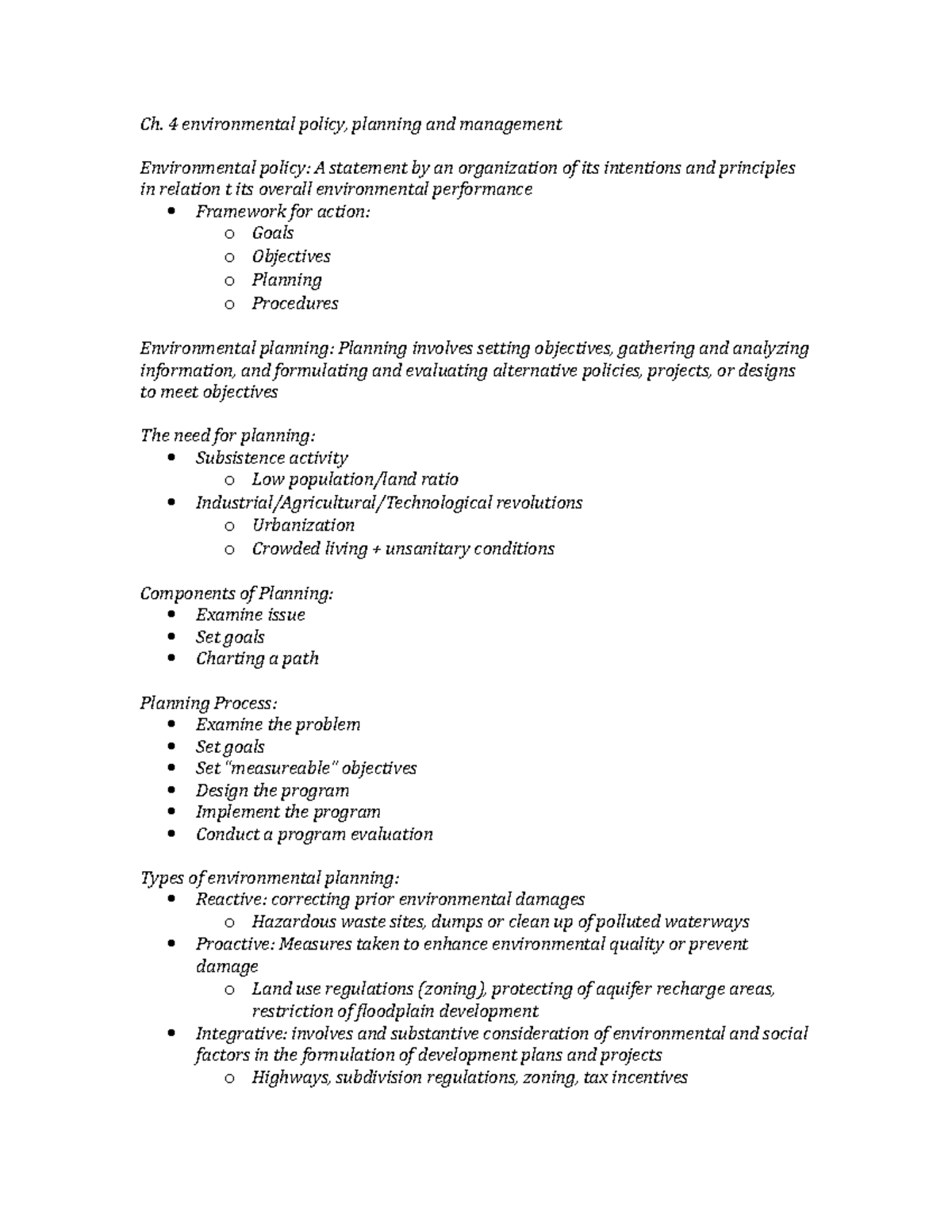 Ch 4 Environmental Health Notes - Ch. 4 Environmental Policy, Planning ...