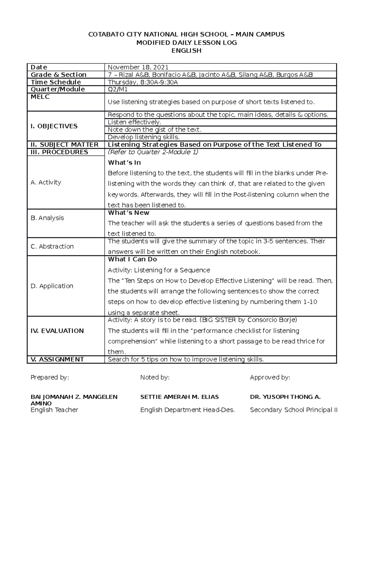 MDLL - Mdll - COTABATO CITY NATIONAL HIGH SCHOOL – MAIN CAMPUS MODIFIED ...