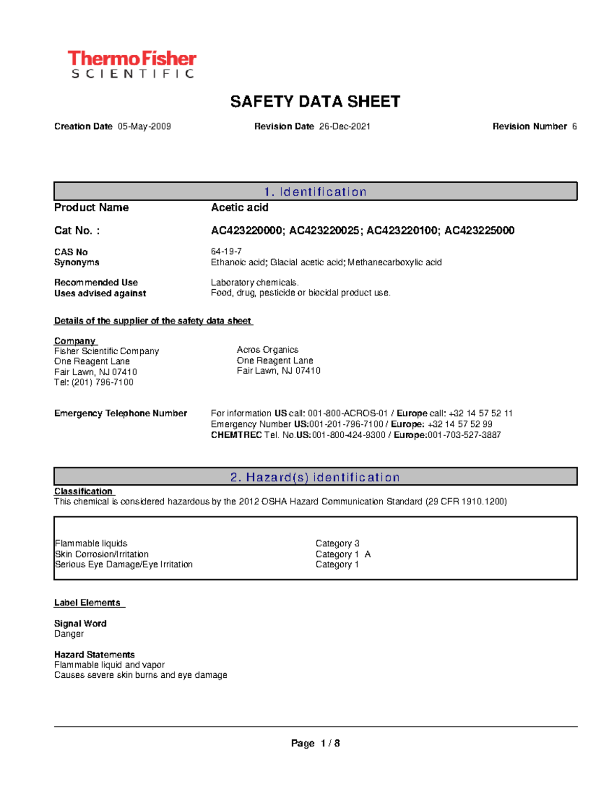 Acetic ACID Glacia 2 SAFETY DATA SHEET Creation Date 05 May 2009   Thumb 1200 1553 