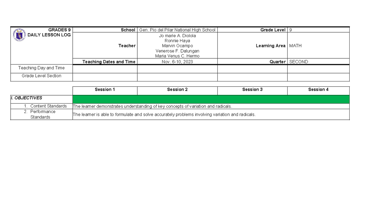 Dll Math9 Q2 Wk 1 - Lesson Plan - Grades 9 Daily Lesson Log School Gen 