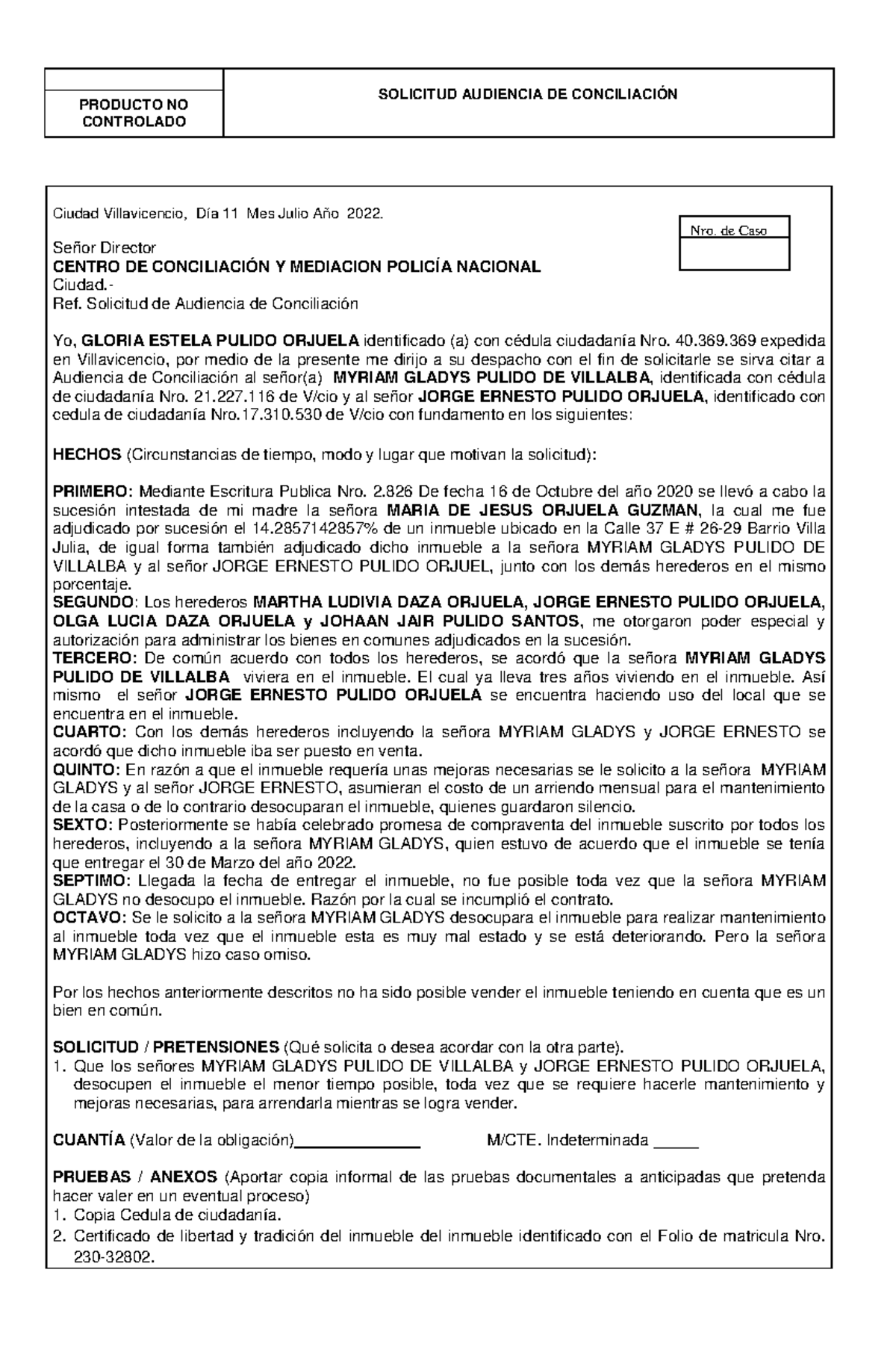 1IP-FR-0020 Solicitud Audiencia DE Conciliacion - SOLICITUD AUDIENCIA ...