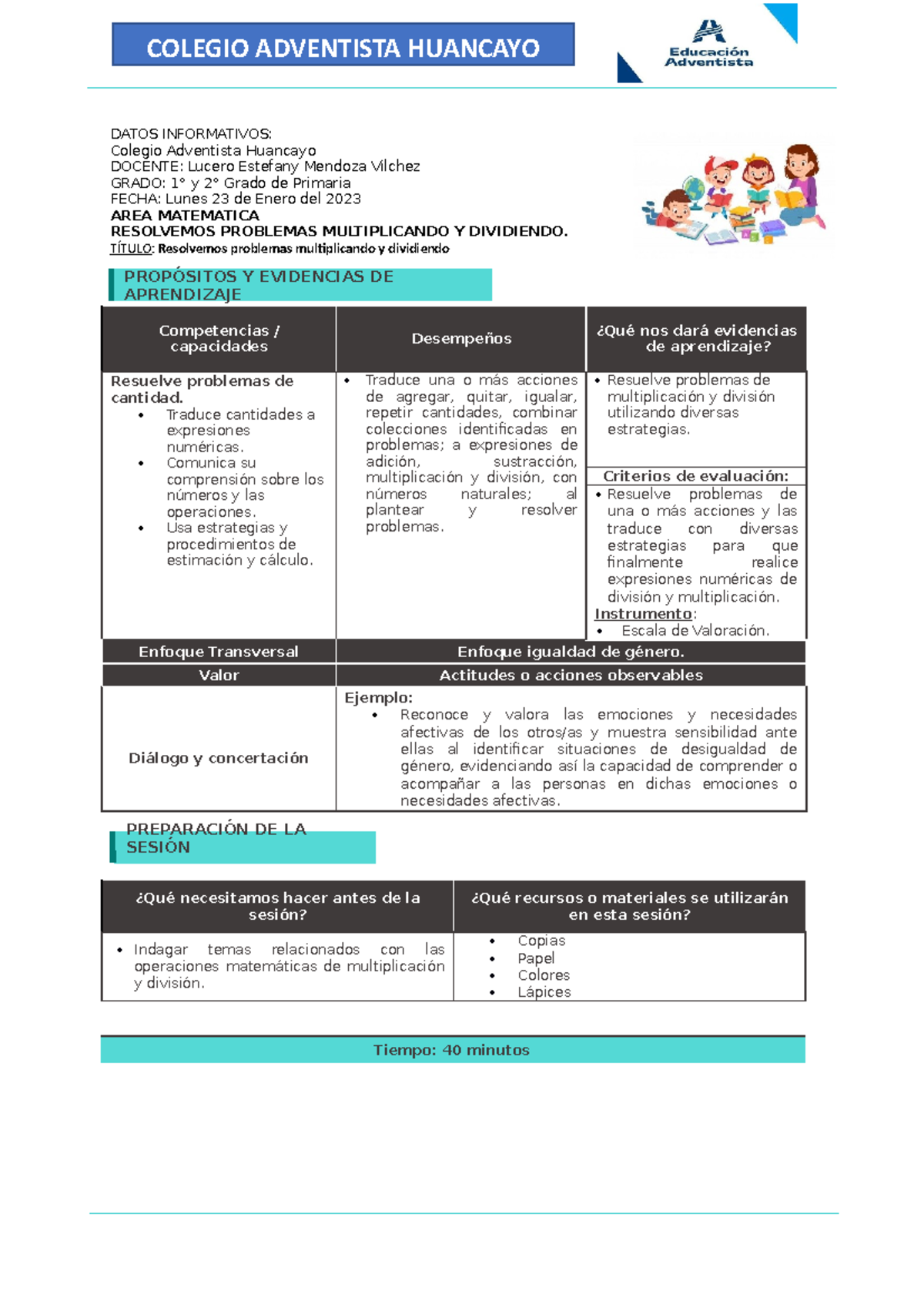 Sesion DE Aprendizaje Matematica - DATOS INFORMATIVOS: Colegio ...