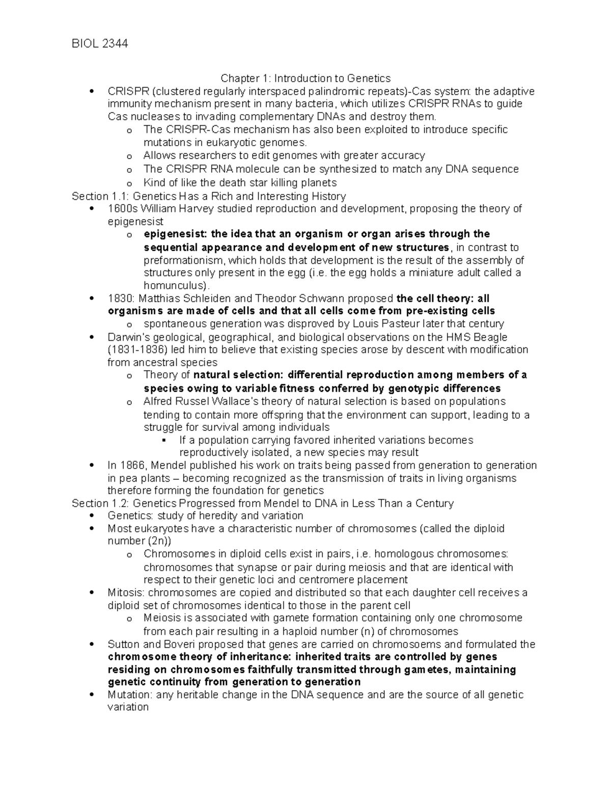 2344 Chapter 1 - Lecture notes 1 - BIOL 2344 Chapter 1: Introduction to ...