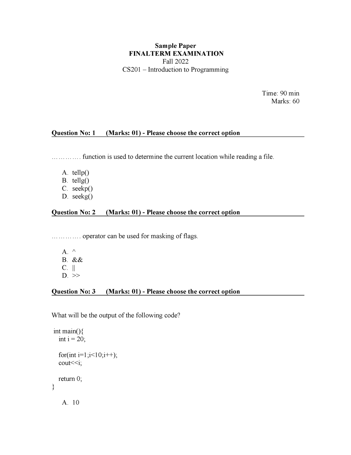 Sample Paper Of CS201 - Sample Paper FINALTERM EXAMINATION Fall 2022 ...