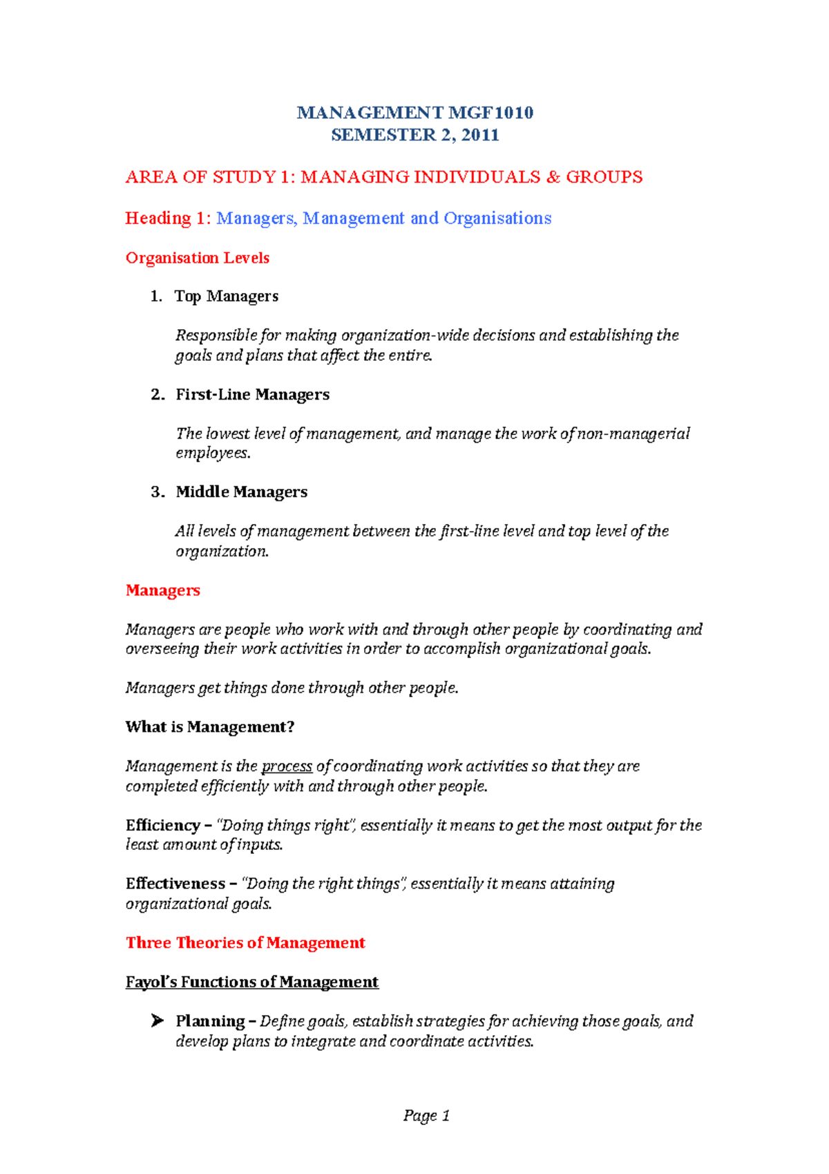 Management Exam Notes - MANAGEMENT MGF SEMESTER 2, 2011 AREA OF STUDY 1 ...