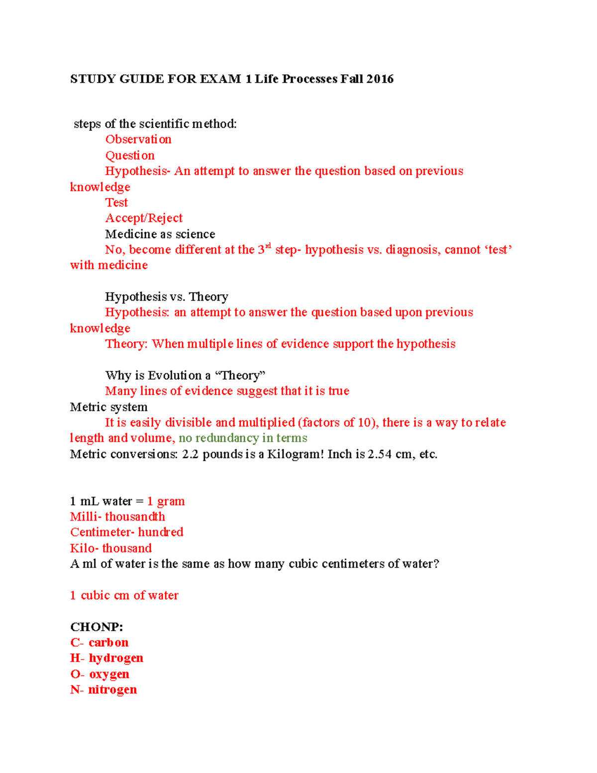 Exam 1 Study Guide - Exam 1 - STUDY GUIDE FOR EXAM 1 Life Processes ...