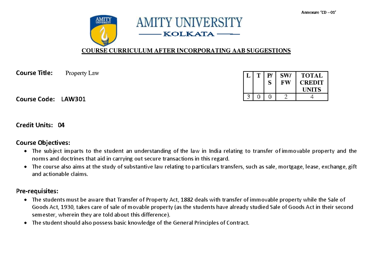 Property Law Syllabus COURSE CURRICULUM AFTER INCORPORATING AAB