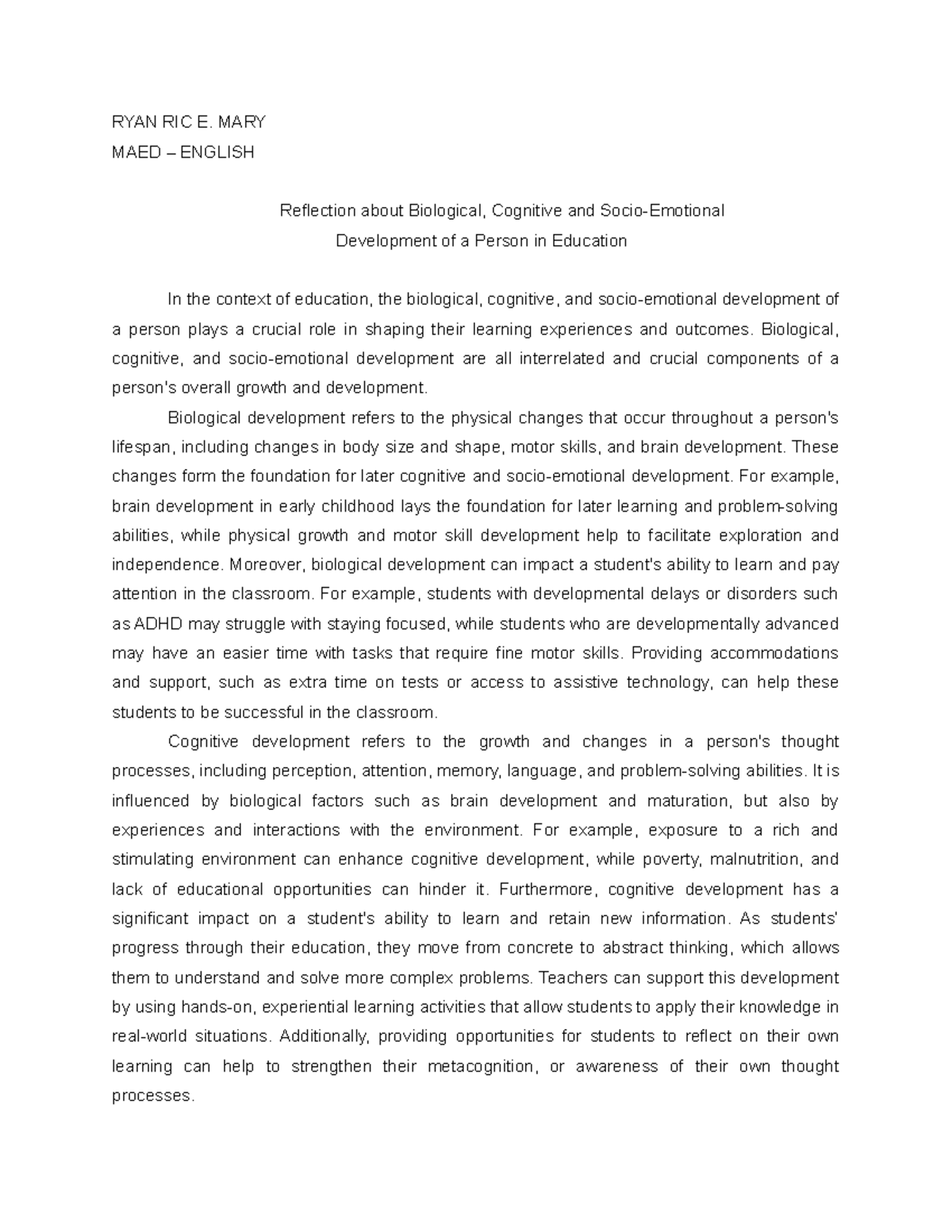 RYAN RIC E. MARY-Reflection about Biological, Cognitive and Socio ...
