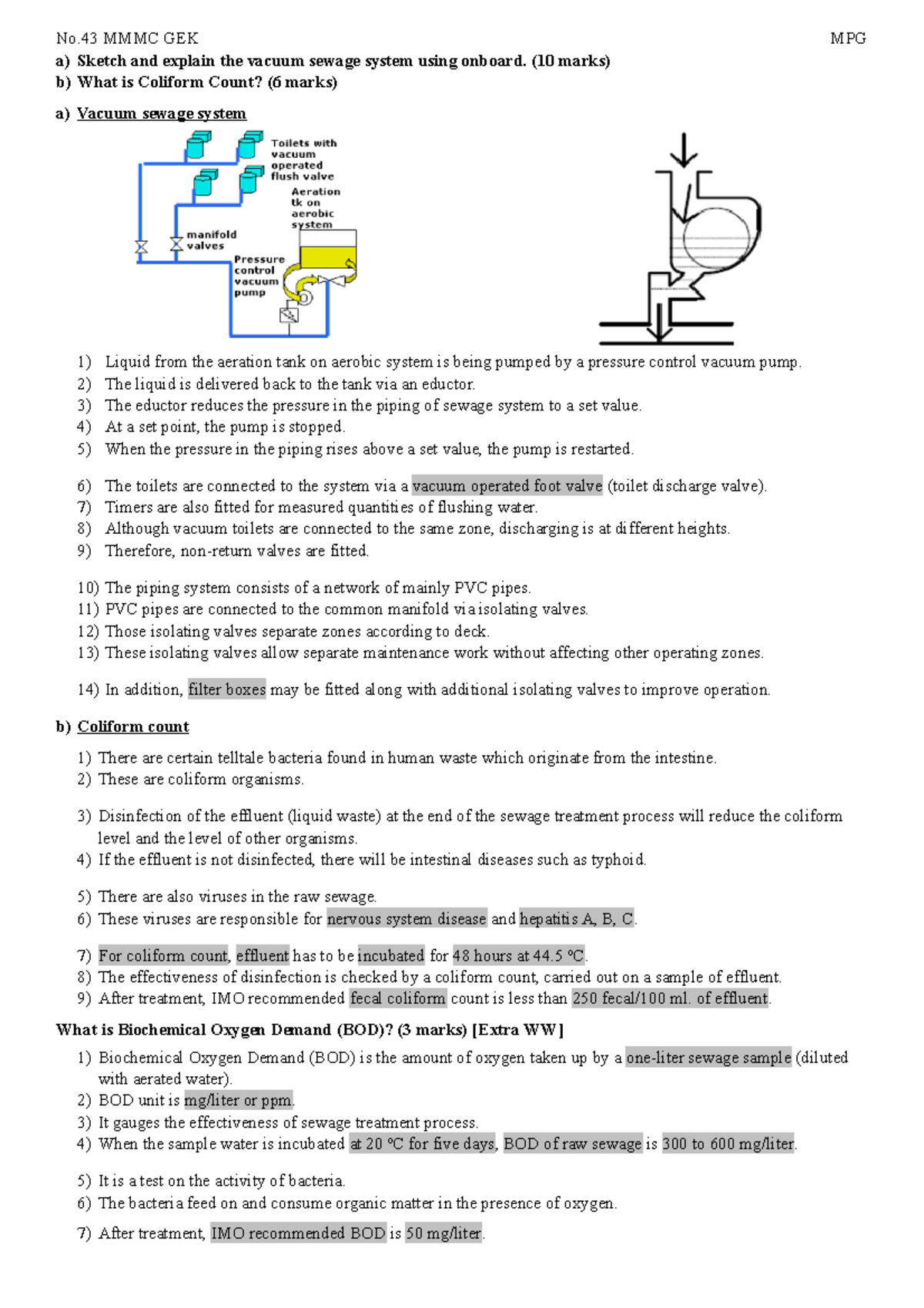 43 Vacuum Sewage System - No MMMC GEK MPG a) Sketch and explain the ...