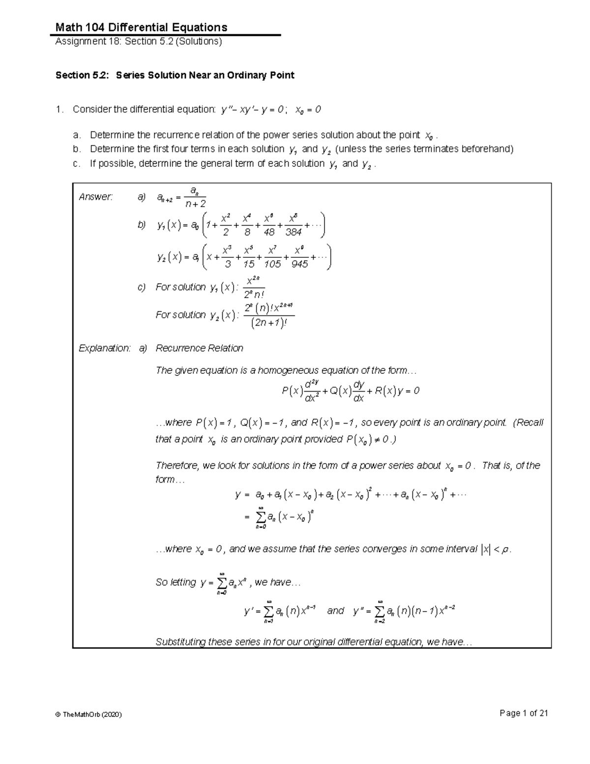 Math 104 Assignment 18 (Ss 52) Series Solution Ord Pt Part 1