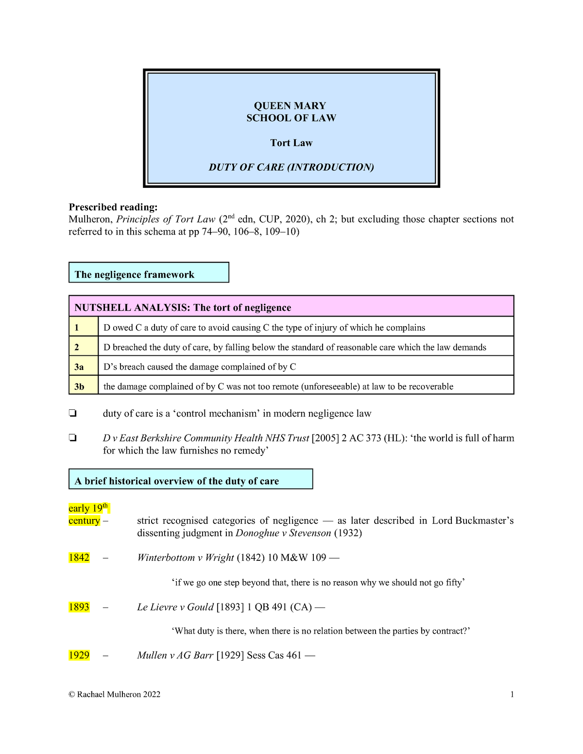 Duty Of Care (introduction) Lecture Schema - QUEEN MARY SCHOOL OF LAW ...